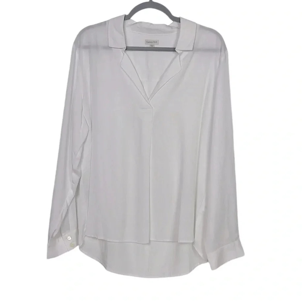 Garnet‎ Hill Women’s 14 Collar V-Neck Long Sleeve Hi-Low White Blouse NWOT